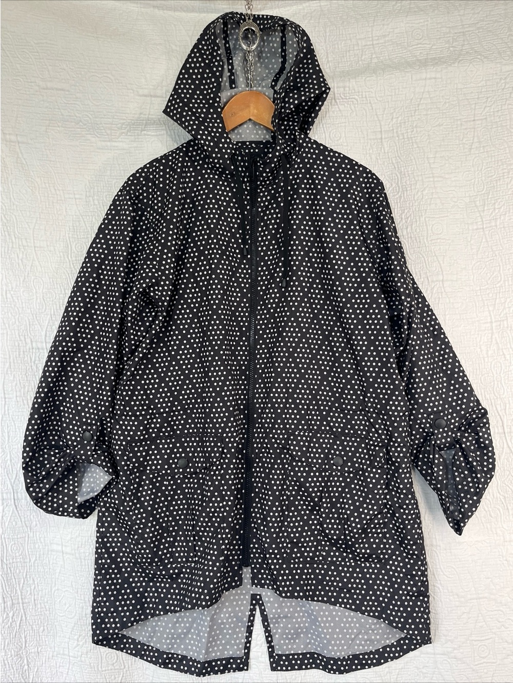 ShedRain Womens M Polka Dot Packable Rain Jacket Hooded Full Zip Black Raincoat